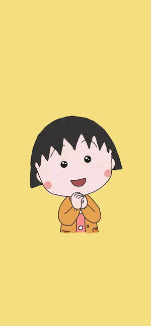 動漫女孩黑髮紅頰，在黃色背景中雙手合十微笑