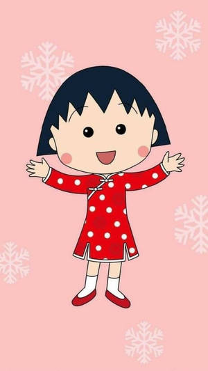 一個微笑的卡通女孩穿著紅色裙子，雪花在她周圍飄落。