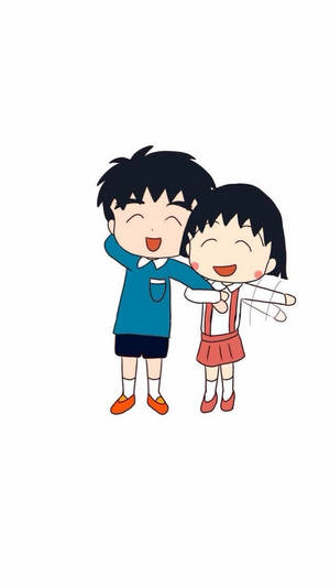 兩個微笑的動漫小孩穿著校服溫暖地擁抱。