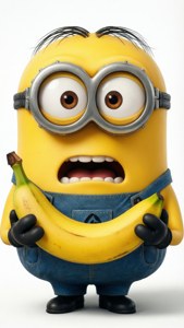 一個黃色卡通minion戴住護目鏡同工人褲，驚訝咁揸住一條香蕉。