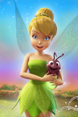 Tinker Bell 在日落時分的魔法花園裡抱著一隻友好的蟋蟀。