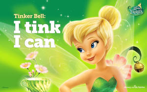 穿著綠色連衣裙的Tinker Bell微笑著，引用語句 I tink I can — 勵志語錄 壁紙