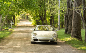 銀色保時捷 Boxster 停泊在一條被高樹環繞的陰涼泥路上。 — 酷車 壁紙