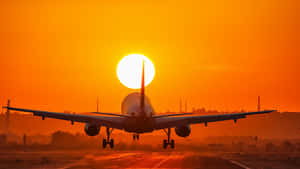 飛機在夕陽下降落，天空呈橙色