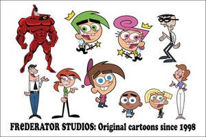 來自《The Fairly OddParents》的彩色卡通角色和一位微笑的紅色超級英雄群體。