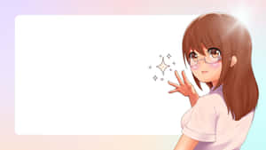 戴眼鏡的動漫女孩在漸變背景上揮手，帶有閃光。