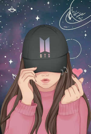 戴著BTS帽子的女孩在星空太空背景下做出心形手勢
