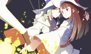 兩個動漫女巫在夜間施展發光的魔法咒語。