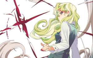 綠髮動漫女孩以動態姿勢揮舞紅色能量刃。