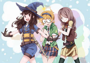 三個穿著奇幻服裝的動畫女孩在粉彩雲朵背景前開心地擺姿勢。
