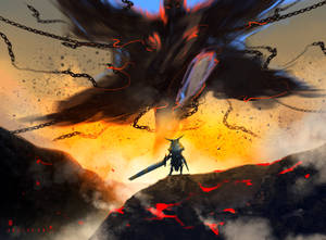 戰士在火山懸崖上與被鎖鏈束縛的惡魔對峙，夕陽。