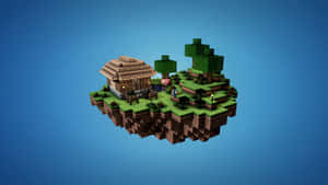 漂浮的Minecraft島嶼，有木屋、樹木和豬，背景藍天 — 島嶼 壁紙