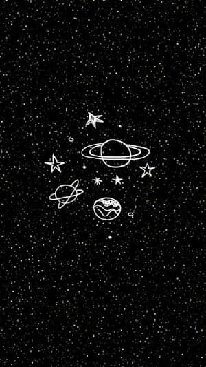 在黑色星空背景上以白色線條繪製的風格化行星和恆星。