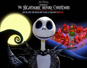 Jack Skellington 在發光的月亮前，身後有雪村。 — 高對比 壁紙
