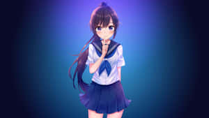 動漫女孩穿著水手服在漸變藍色背景前將手指放在嘴唇上