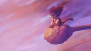 紅髮動畫男孩在粉彩天空中騎雲。