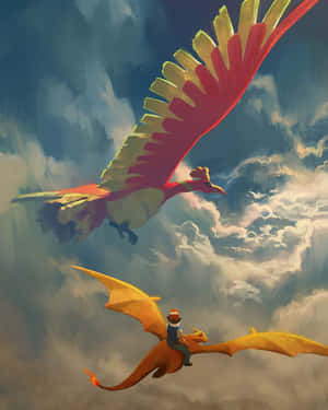 訓練師在飛翔鳳凰下騎龍，天空多雲 — 雲朵 壁紙