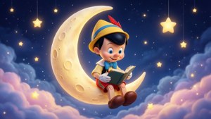 Q版皮諾丘坐在月亮上睇書