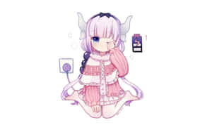 有角的動漫女孩在充電圖標和電源插座附近打哈欠。