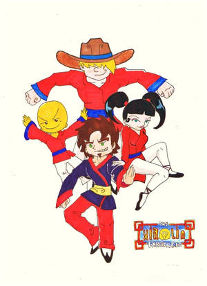 四個Q版武術家穿著紅色、藍色和黃色服裝動態擺姿勢。