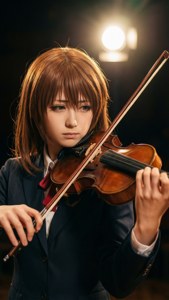 身穿校服的年輕女性在聚光燈下演奏小提琴