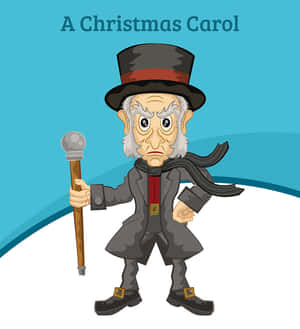 《聖誕頌歌》中Scrooge身穿冬裝手持拐杖。