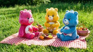 三隻Care Bears毛絨玩具在草地上格仔毯上野餐。