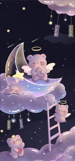可愛的卡通熊有翅膀在月亮和雲上，在繁星點點的夜空。 — 銀河A26 壁紙