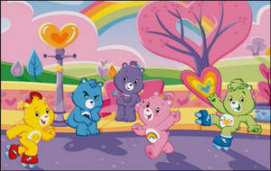 Care Bears在色彩繽紛的心形主題景觀中溜冰。