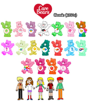 經典1980年代Care Bears和兒童角色，色彩繽紛的卡通風格。