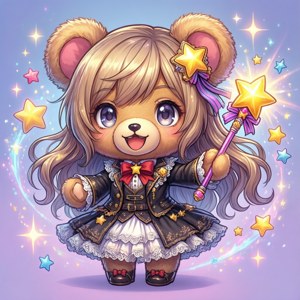 可愛的動漫熊女穿著魔法服裝，手持星星魔杖，周圍環繞著閃爍的星星。 — 女神異聞錄4 壁紙