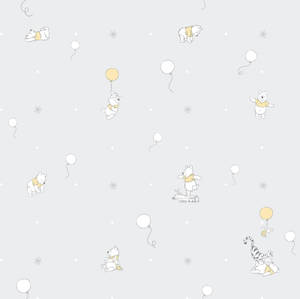 小熊維尼角色在灰色背景上與氣球和星星一起漂浮。