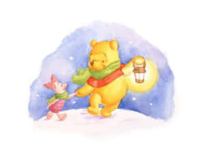 小熊維尼與小豬在雪地中提著燈籠夜行。