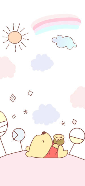 一隻卡通熊在彩虹和太陽下睡在粉紅色的山丘上。 — 1290x2796 壁紙