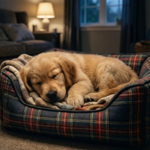 金毛尋回犬幼犬在溫暖照明的客廳中的格子狗床上睡覺。