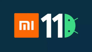 深藍色背景上帶有Android吉祥物的Xiaomi 11手機標誌。