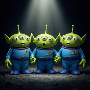 三個綠色三眼外星人穿著藍色太空衣，站在聚光燈下。