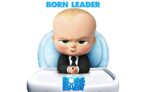 穿著西裝的卡通嬰兒坐在高腳椅上，帶有「Born Leader」文字。