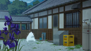 紫色鳶尾花、礫石、雪球、黃色啤酒箱，旁邊木屋 — 漫畫分鏡gif 壁紙