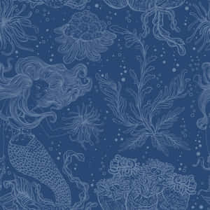 長髮飄逸的美人魚在深藍色的海洋中穿梭於珊瑚和海藻之間。 — iPad 壁紙