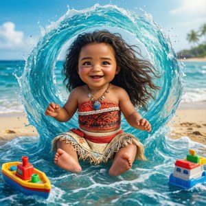 嬰兒莫阿娜在海灘上的海浪中微笑，旁邊有玩具船。 — 魔海奇緣 壁紙