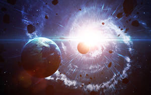 太空中的地球和明亮的太陽，伴隨著小行星和發光的光束。