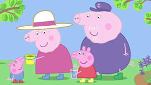Peppa Pig 一家喺陽光充足嘅花園做園藝。