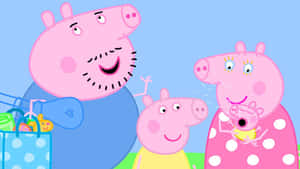 Peppa Pig 一家帶住購物袋同豬BB喺戶外笑住。