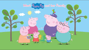 Peppa Pig 一家喺一個有樹木同微笑太陽嘅晴朗日子聚集喺戶外。