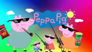 戴太陽眼鏡嘅Peppa Pig角色喺彩虹天空下揸住槍同零食。