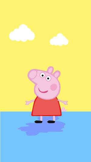 Peppa Pig 喺有雲嘅晴朗天空下，喺水氹入面微笑。 — 可愛卡通 壁紙