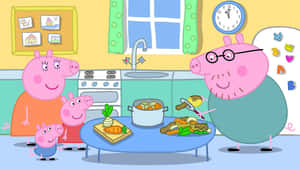 Peppa Pig 一家在廚房裡一起享用美食。