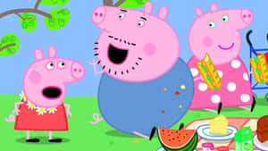 Peppa Pig 一家喺戶外野餐，有西瓜同芝士。