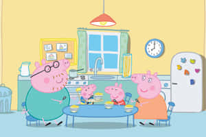 Peppa Pig 一家在色彩繽紛的廚房中共進早餐。